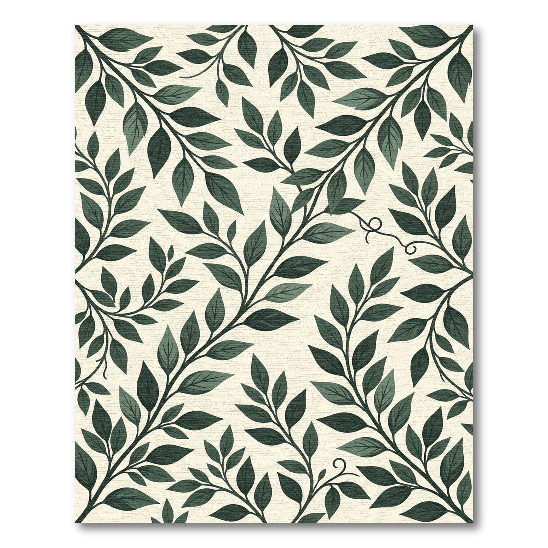Dark Green Leafy Branches on Cream Rug