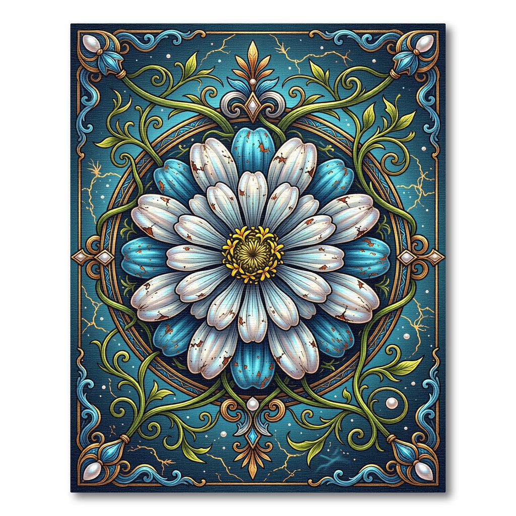 Ornate Teal Daisy Floral Mandala Rug