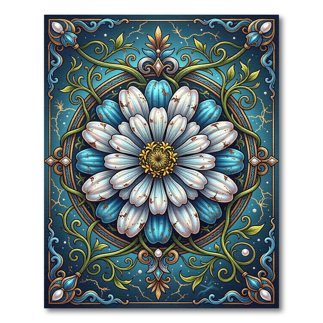Ornate Teal Daisy Floral Mandala Rug