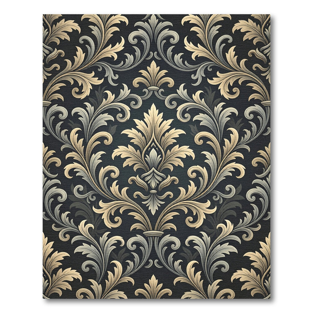 Elegant Gold Charcoal Damask Scroll Rug