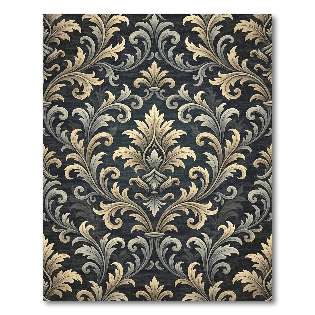 Elegant Gold Charcoal Damask Scroll Rug