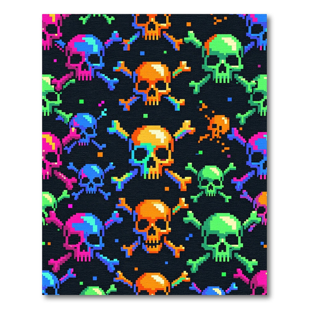 Retro Pixel Skull Crossbones Neon Art Rug