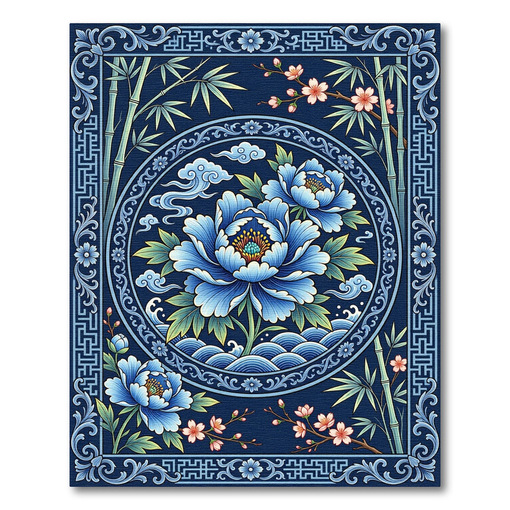 Blue Floral Bamboo Chinoiserie Medallion Rug