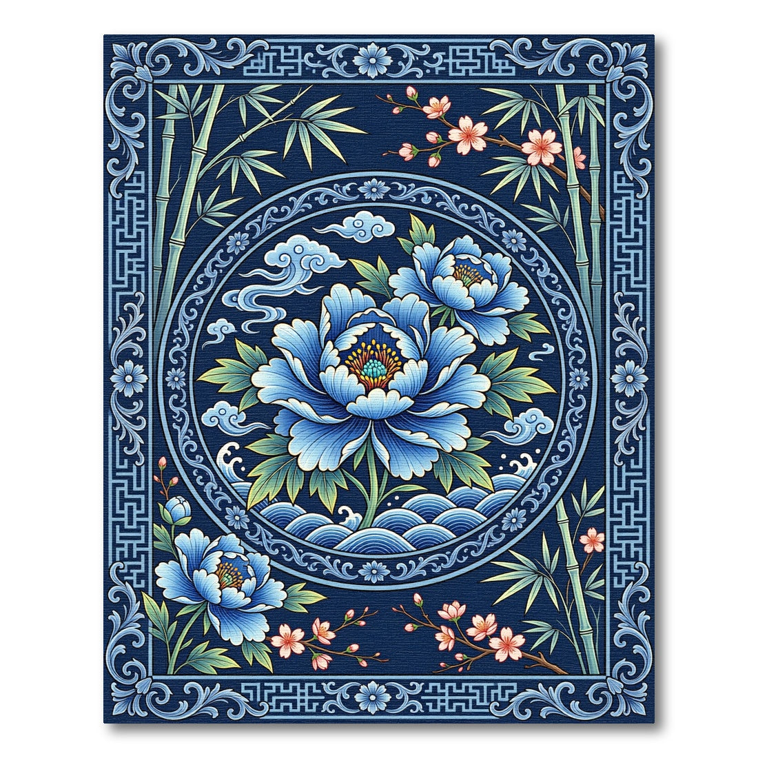 Blue Floral Bamboo Chinoiserie Medallion Rug