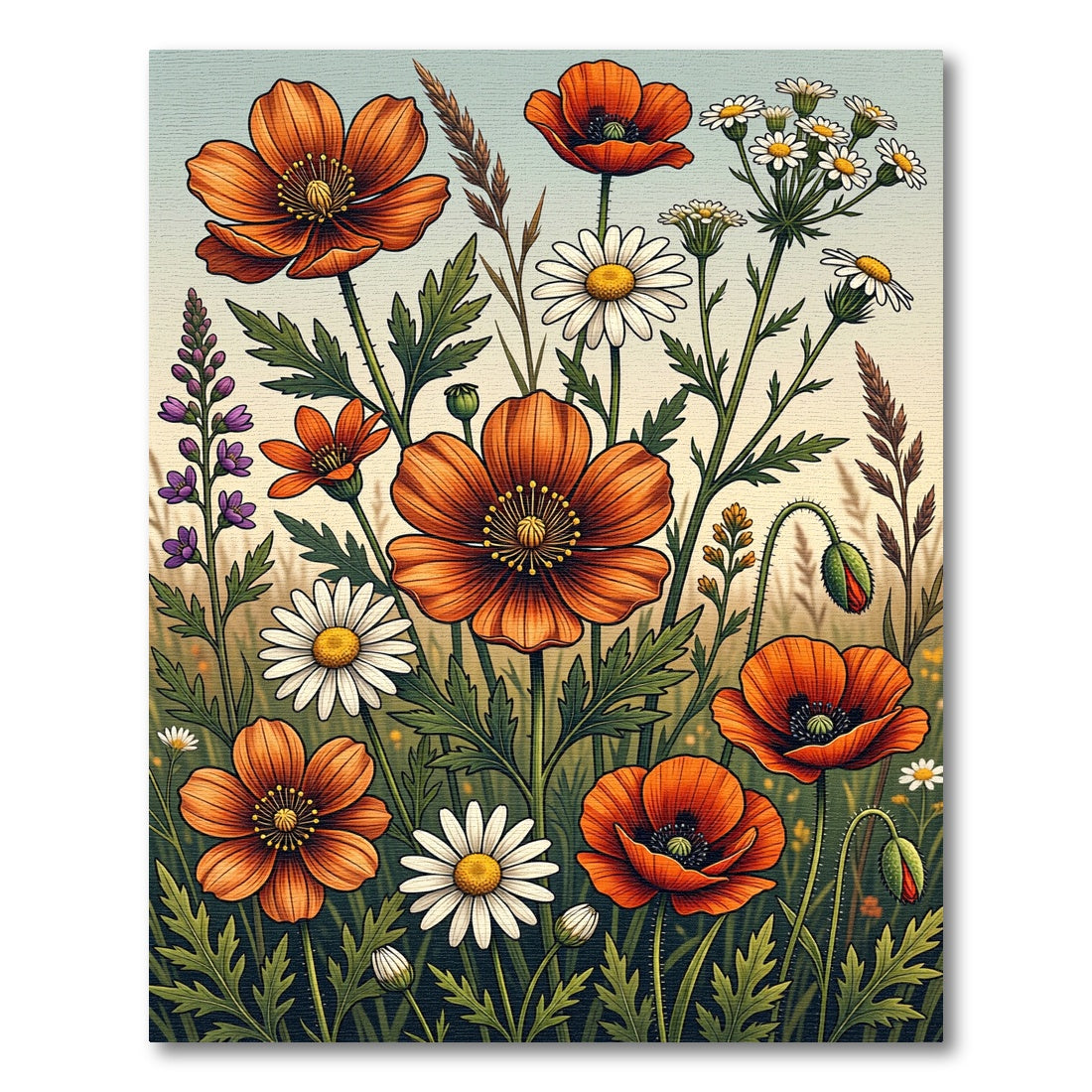 Orange Poppy Daisy Field Meadow Rug