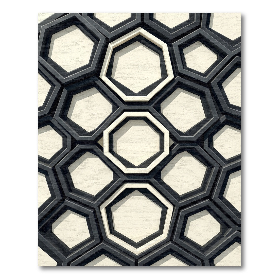Monochrome Geometric Black and Ivory Hexagons Rug