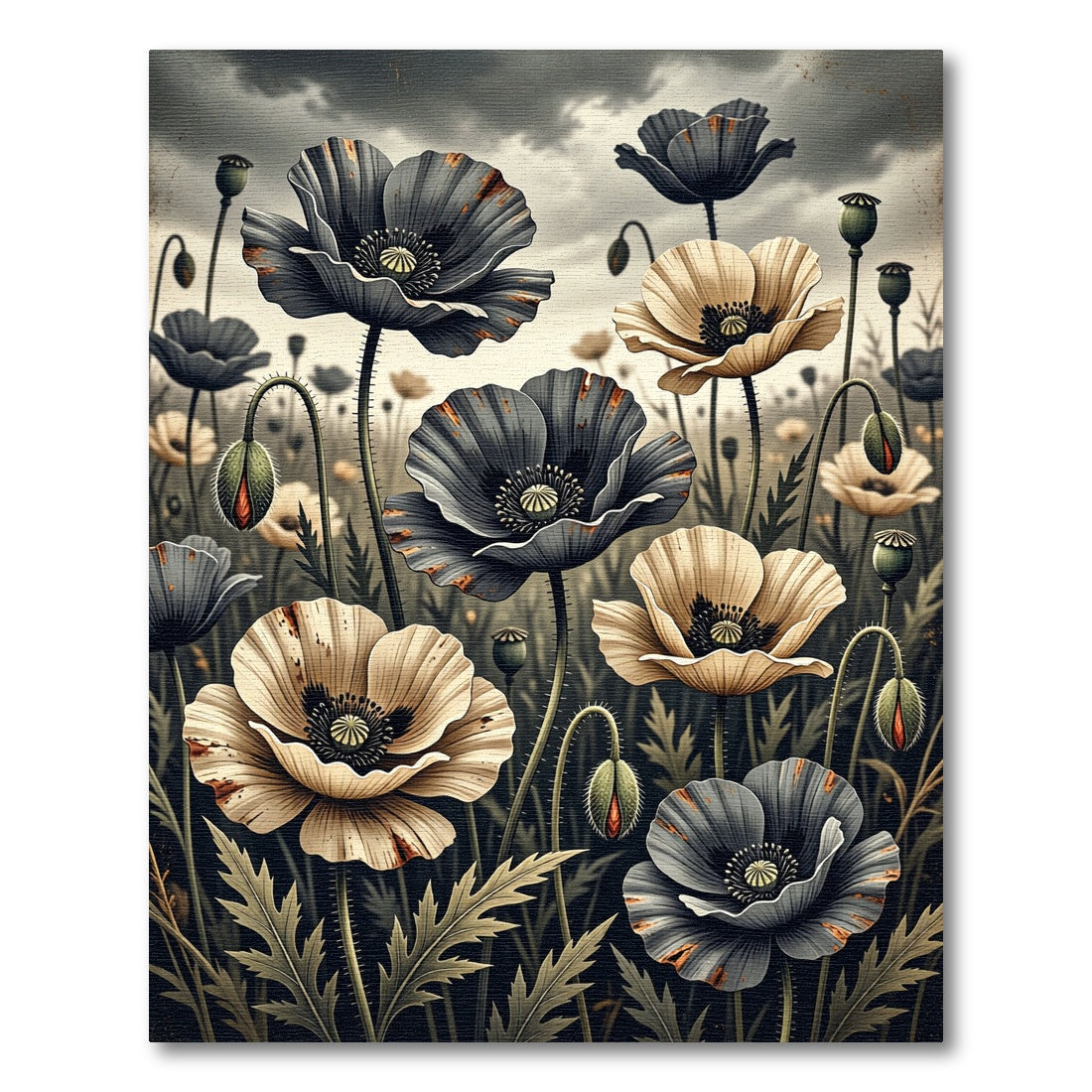 Moody Monochrome Poppy Field Illustration Rug