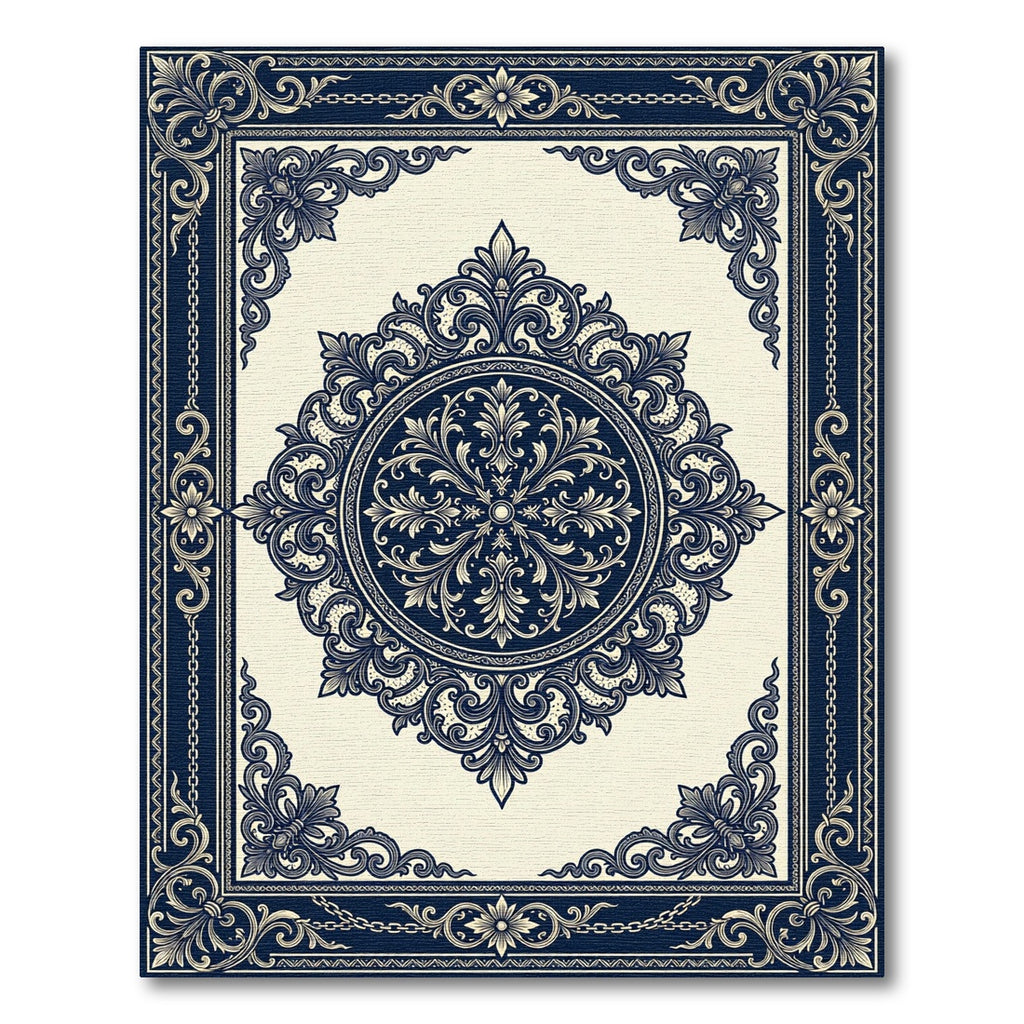 Elegant Navy Cream Ornate Damask Medallion Rug