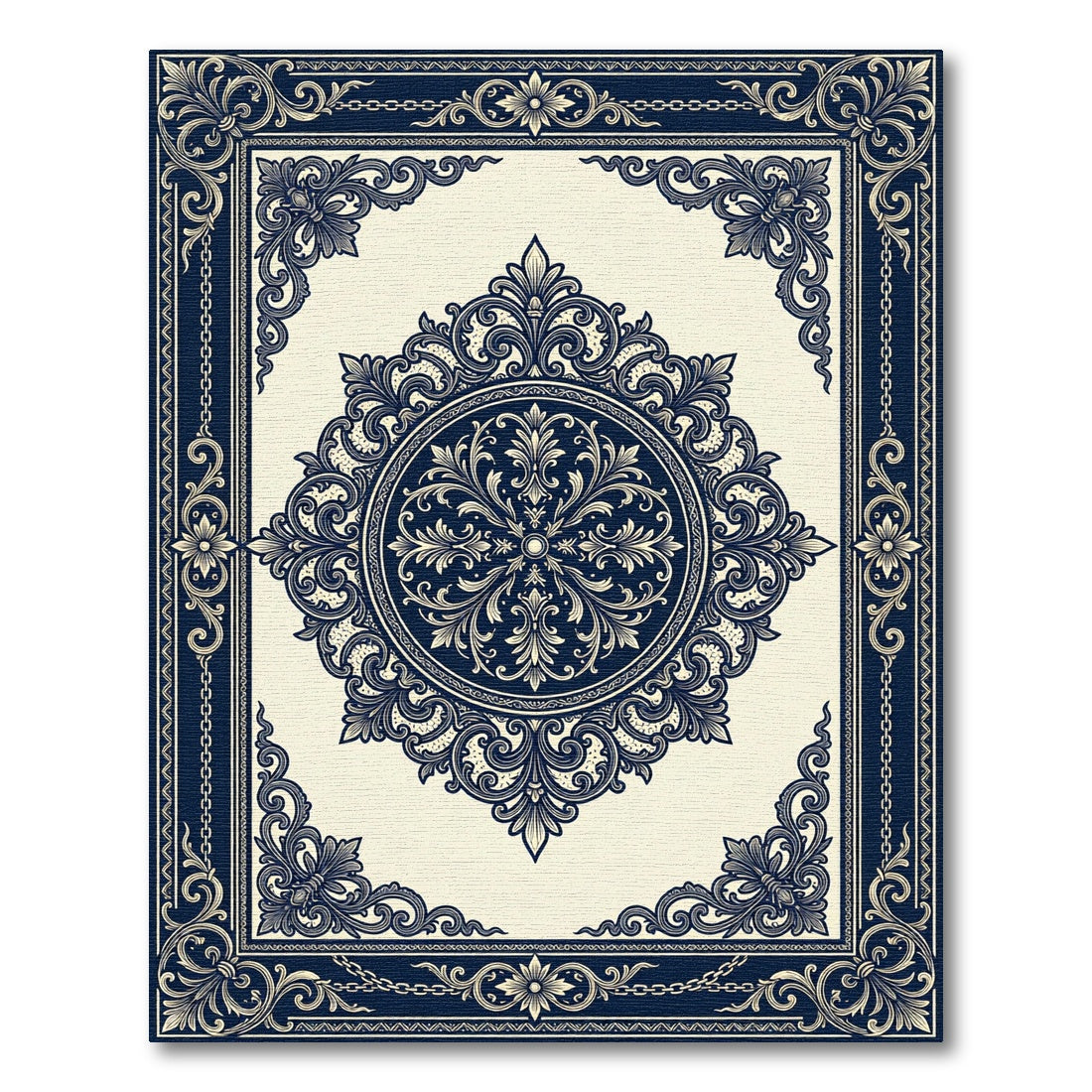 Elegant Navy Cream Ornate Damask Medallion Rug