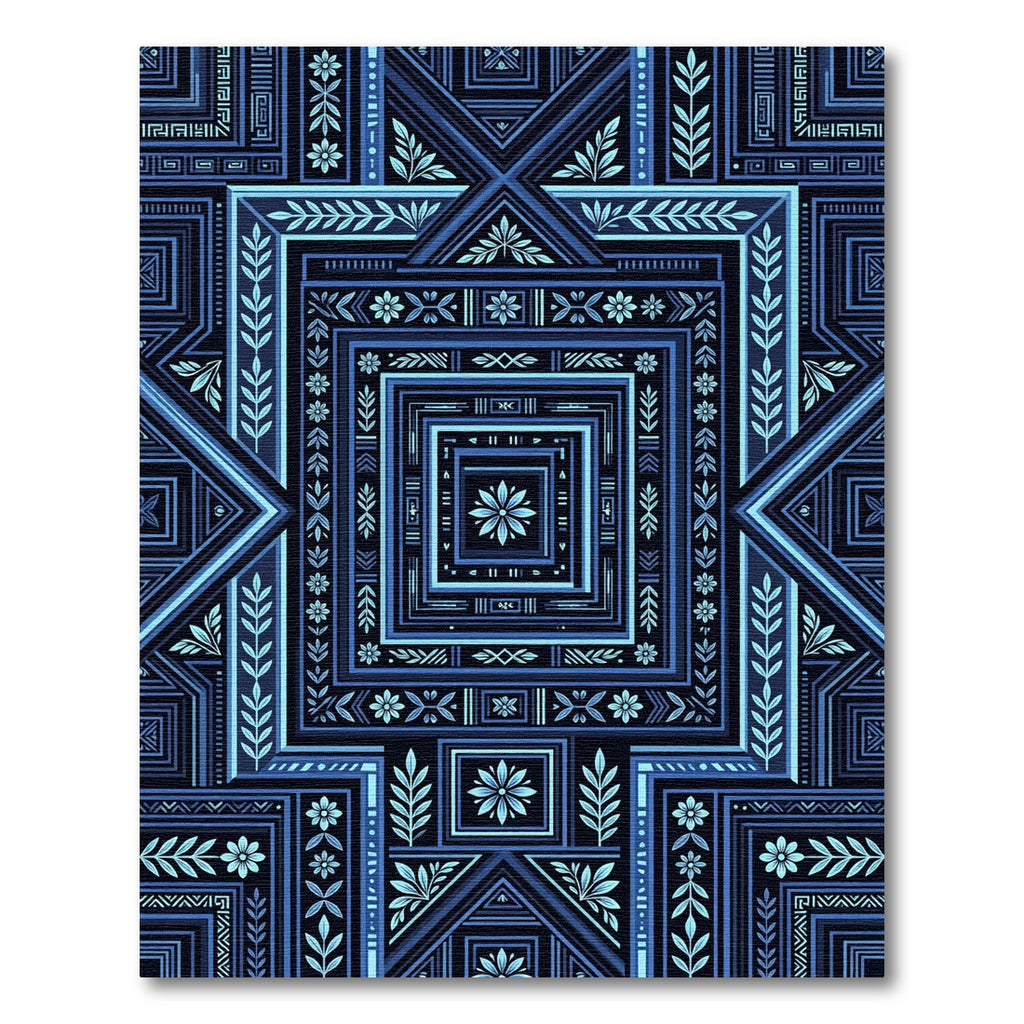 Deep Blue Geometric Floral Medallion Rug