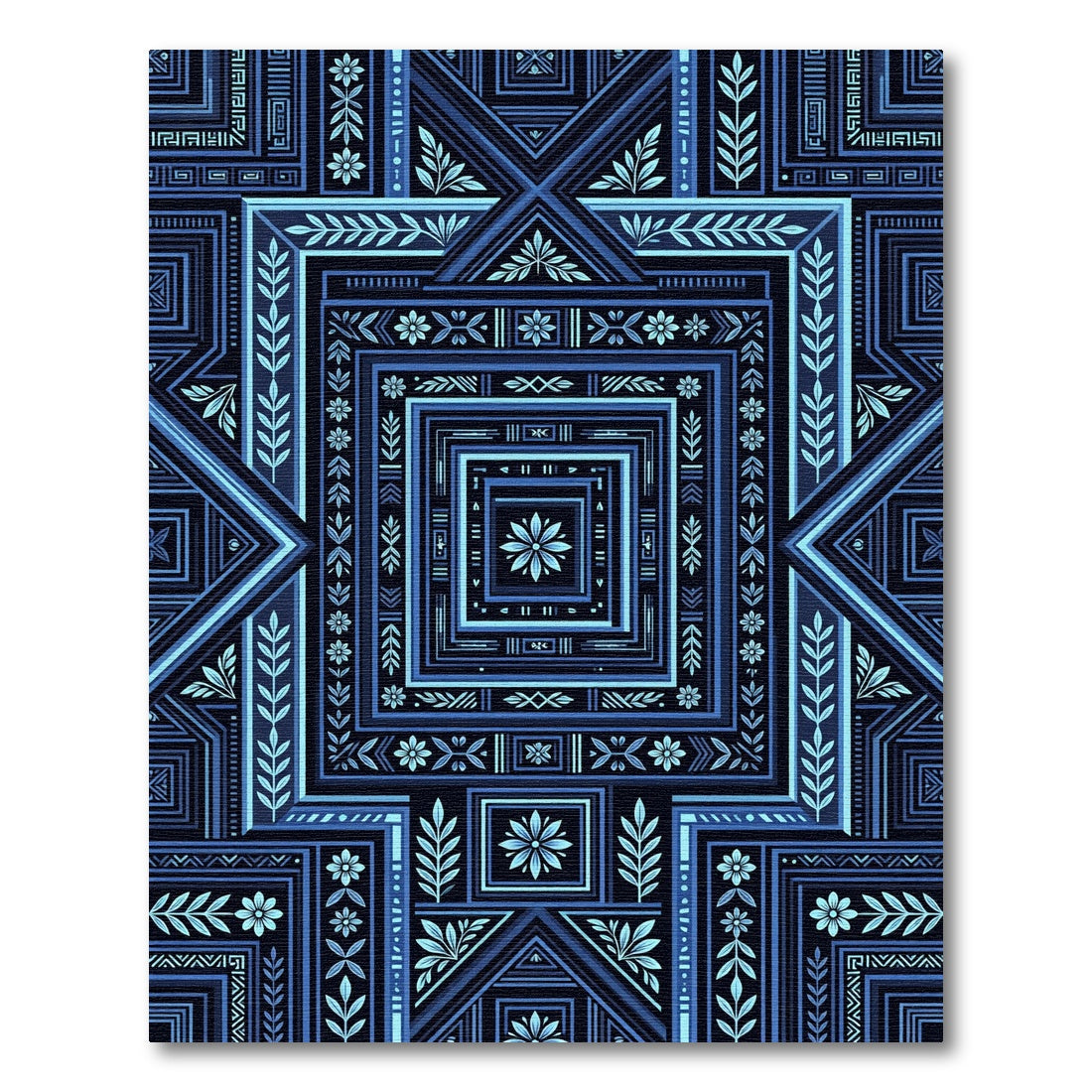 Deep Blue Geometric Floral Medallion Rug
