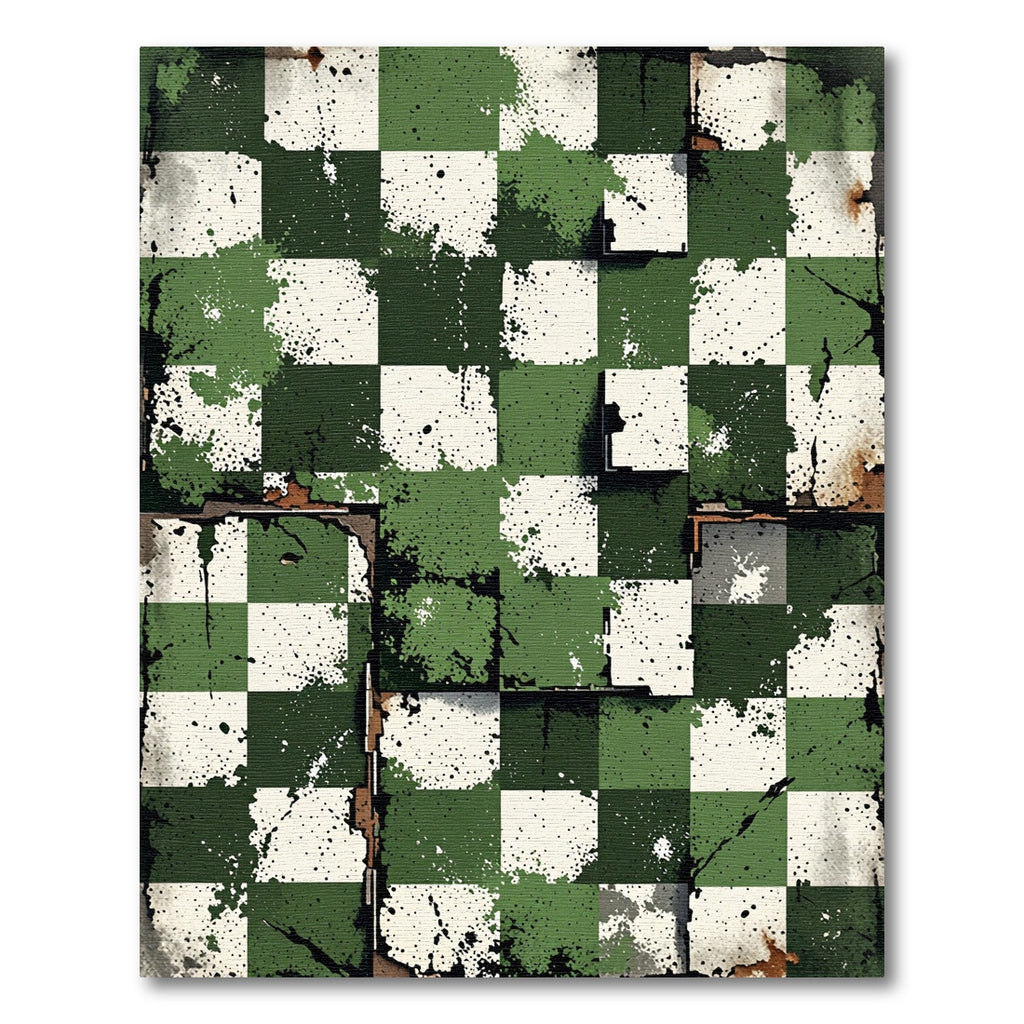 Grungy Green White Checkerboard Splatter Rug