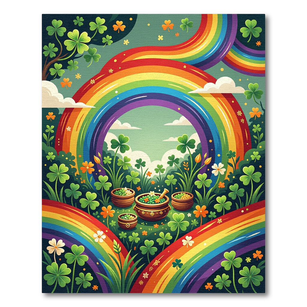 Vibrant Rainbow Clover Meadow Illustration Rug