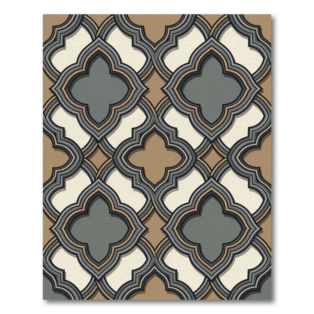 Elegant Charcoal Beige Quatrefoil Geometric Rug