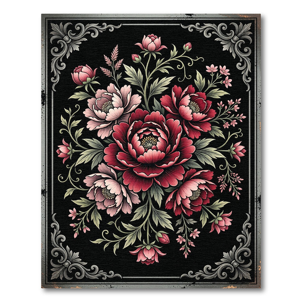 Dark Crimson Peony Floral Medallion Rug