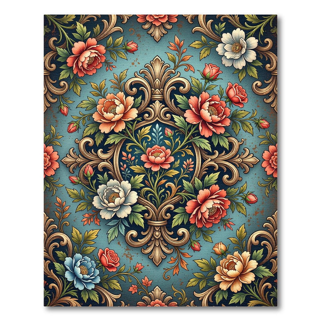 Ornate Floral Scroll Damask Teal Rug