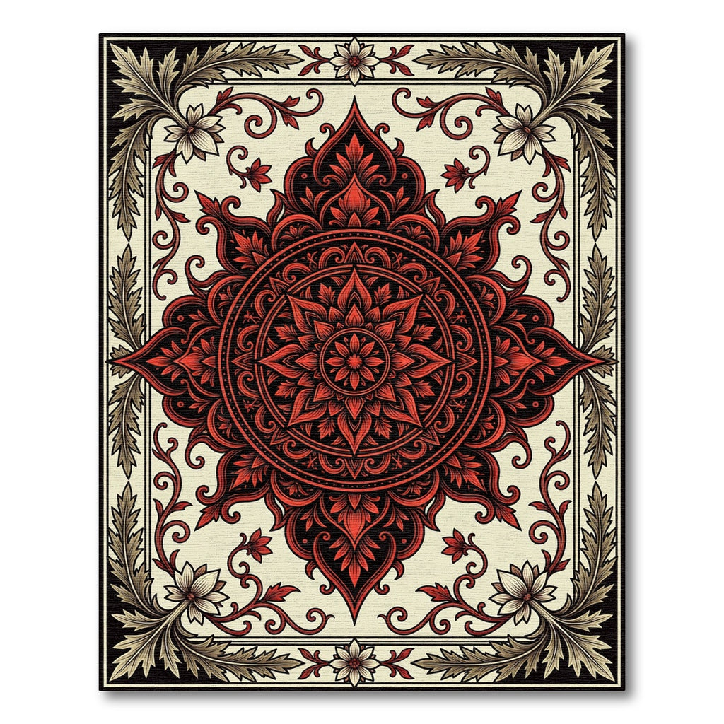 Intricate Crimson Floral Mandala Ornament Rug