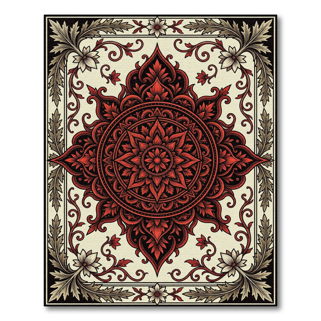 Intricate Crimson Floral Mandala Ornament Rug