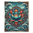 Zen Lotus Bloom with Teal Ocean Waves Rug