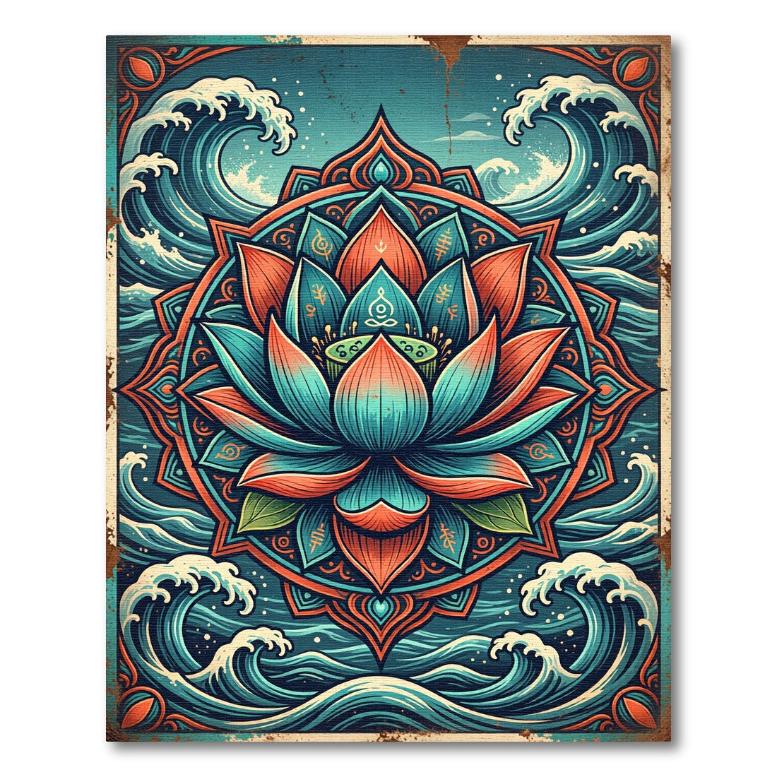 Zen Lotus Bloom with Teal Ocean Waves Rug