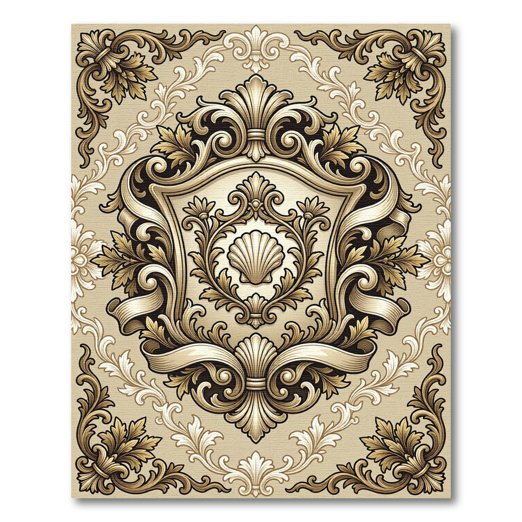 Ornate Beige Damask Scallop Shell Emblem Rug