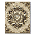 Ornate Beige Damask Scallop Shell Emblem Rug