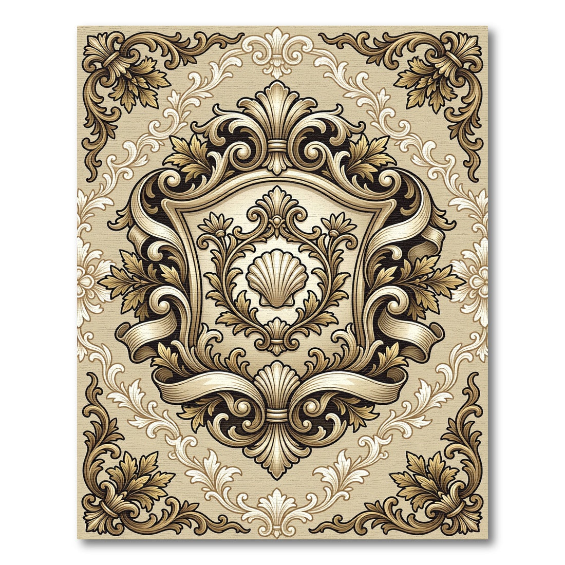 Ornate Beige Damask Scallop Shell Emblem Rug