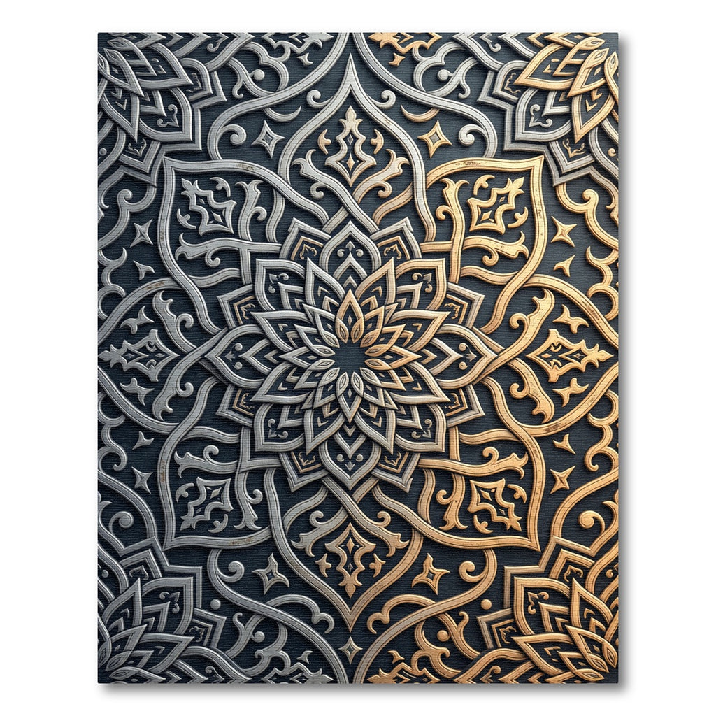 Golden Silver Ornate Floral Medallion Rug