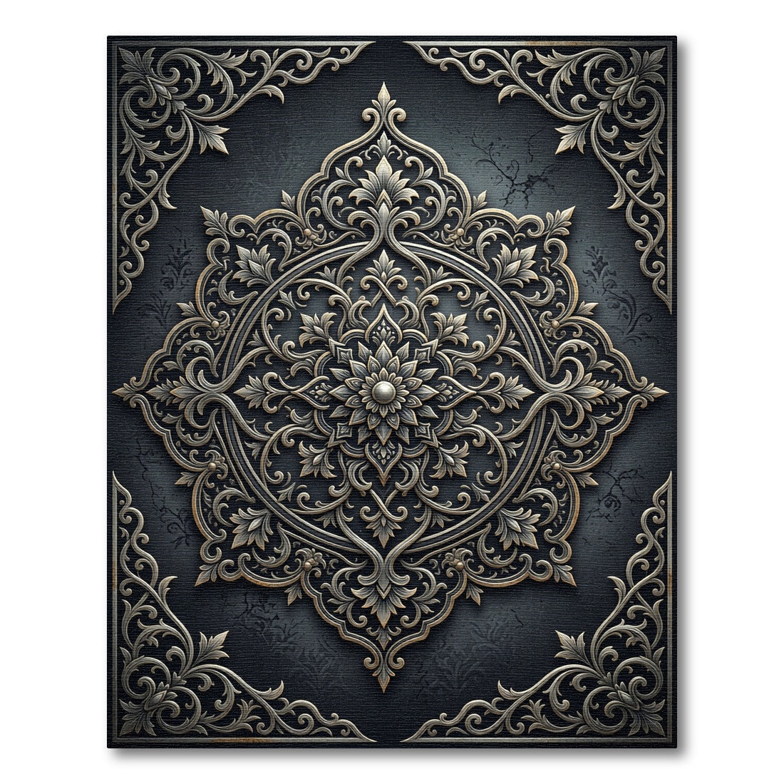 Ornate Charcoal Silver Floral Medallion Rug