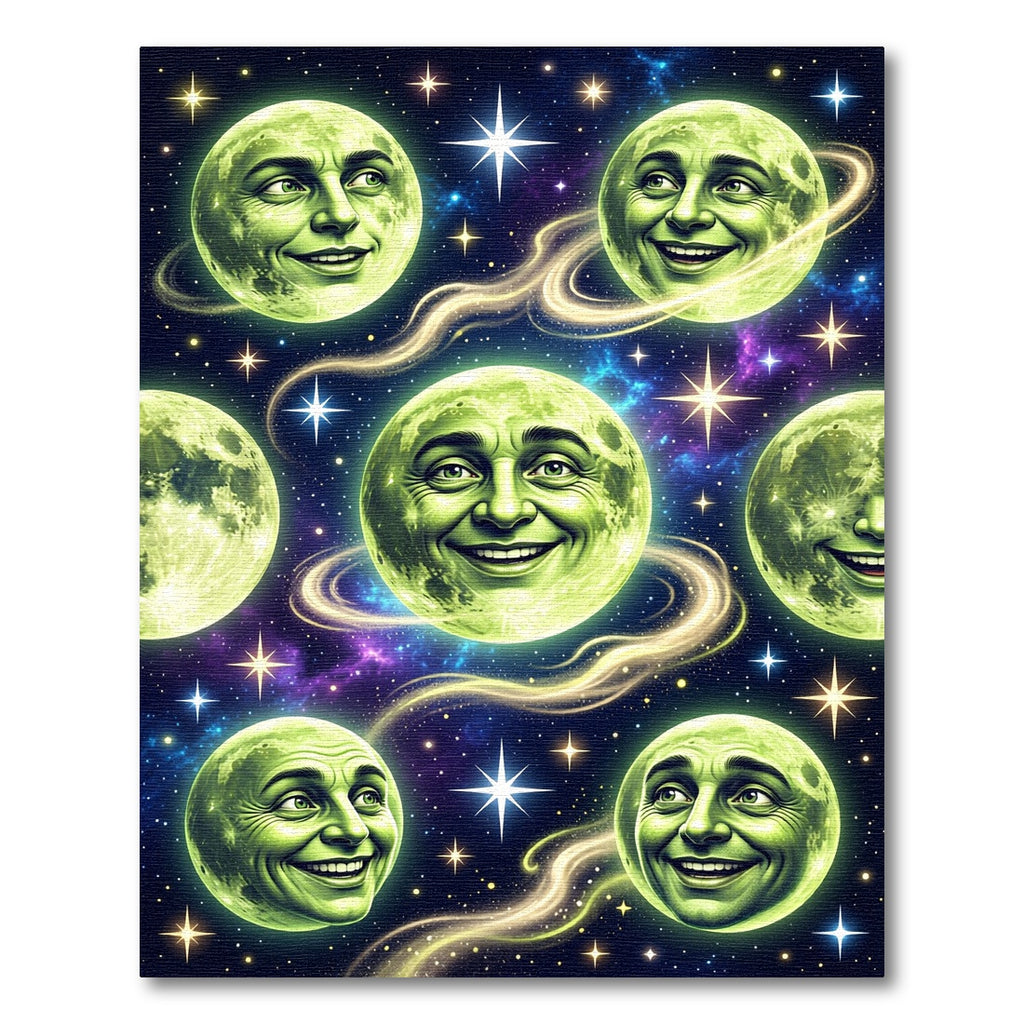 Whimsical Green Moon Faces Cosmic Display Rug