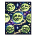 Whimsical Green Moon Faces Cosmic Display Rug