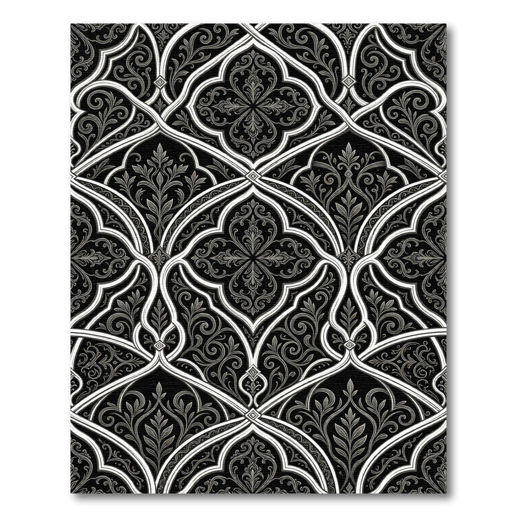 Black White Interlocking Arabesque Filigree Rug