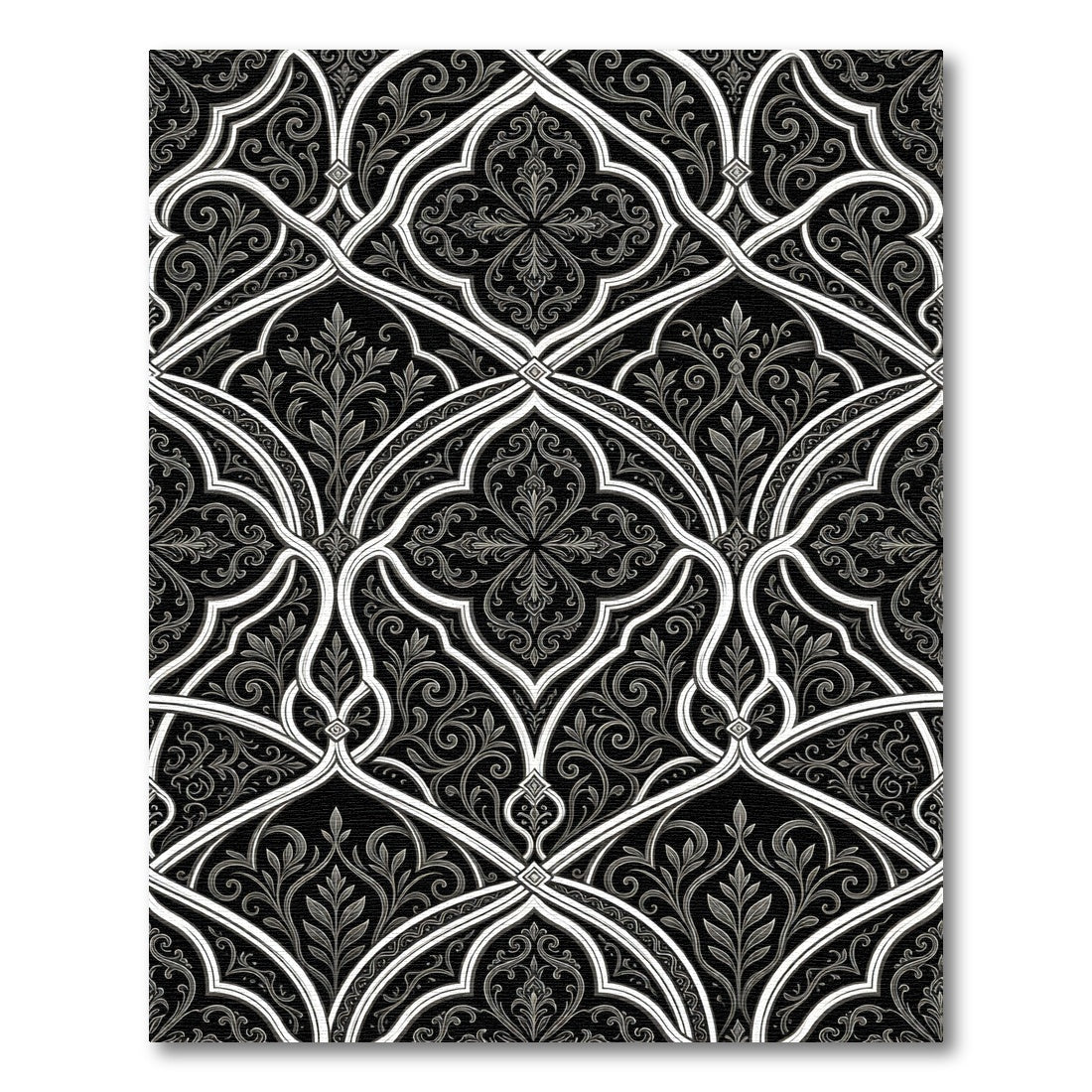Black White Interlocking Arabesque Filigree Rug
