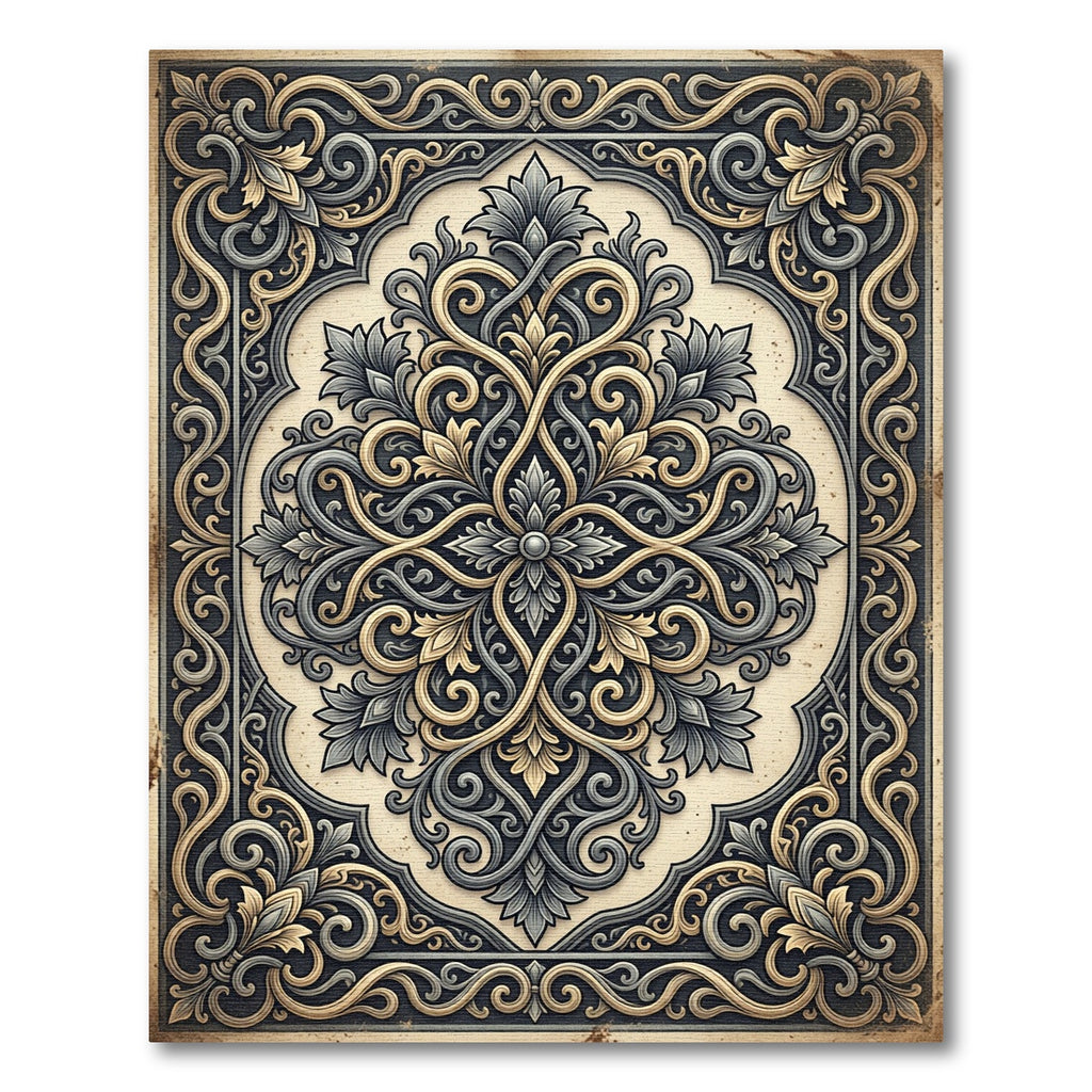 Elegant Slate and Gold Damask Medallion Rug