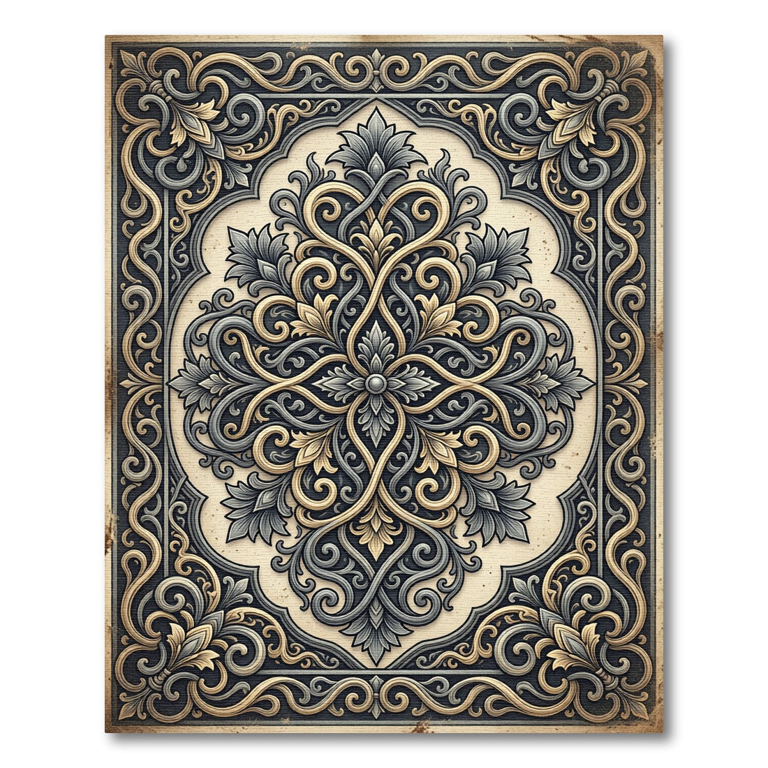 Elegant Slate and Gold Damask Medallion Rug