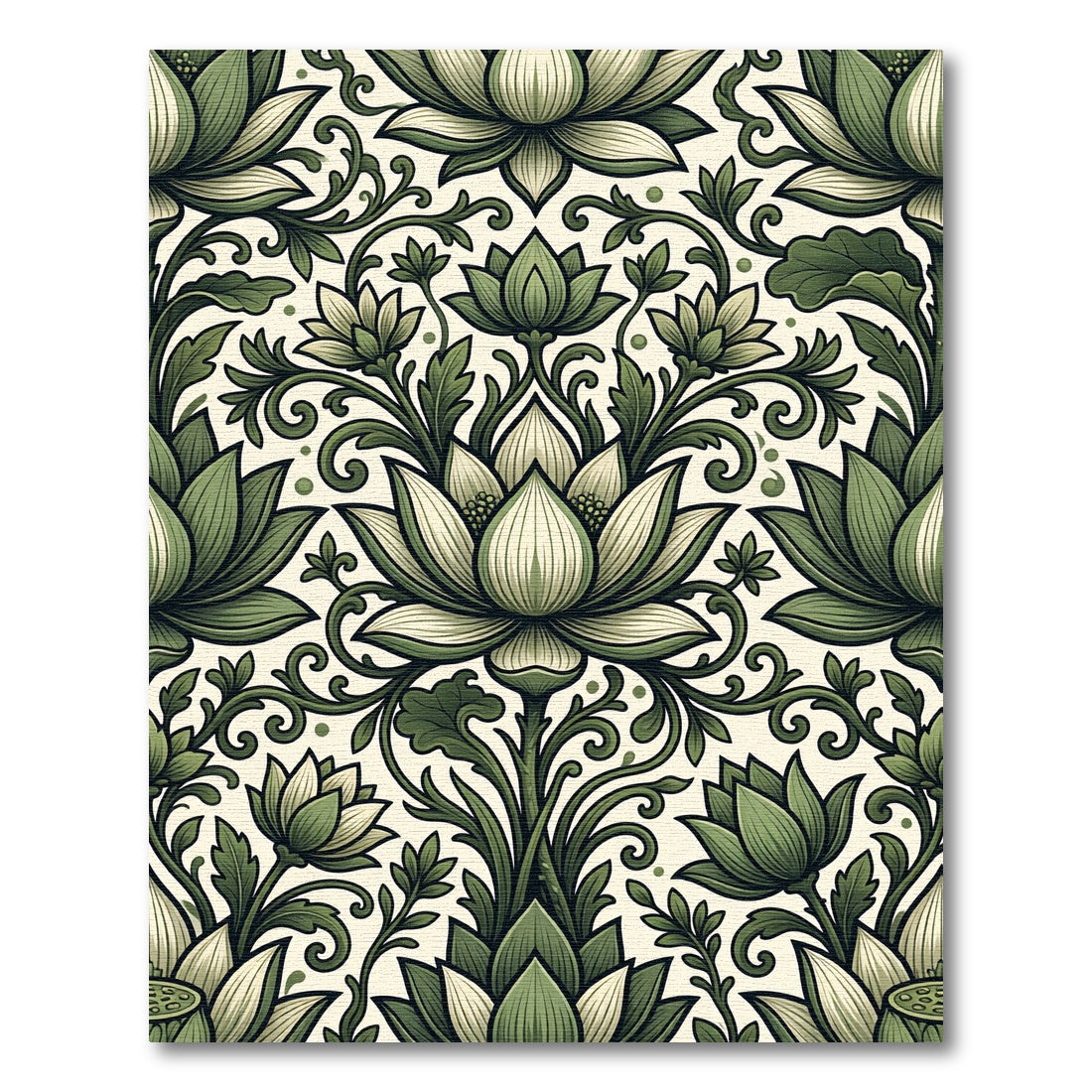 Earthy Sage Lotus Botanical Scroll Rug