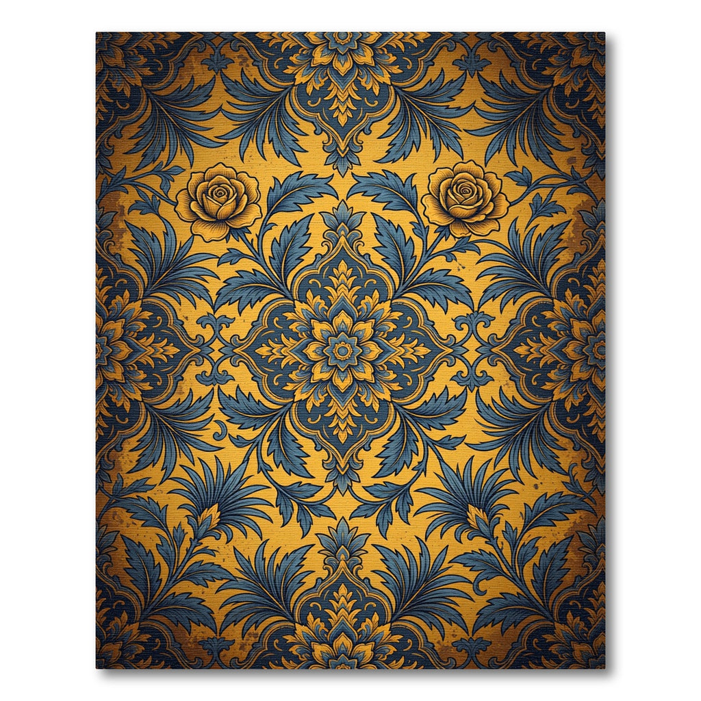 Golden Yellow Blue Floral Damask Rug