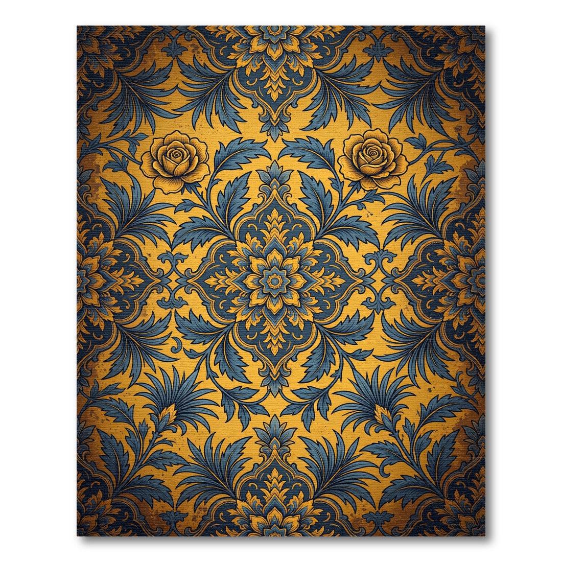 Golden Yellow Blue Floral Damask Rug