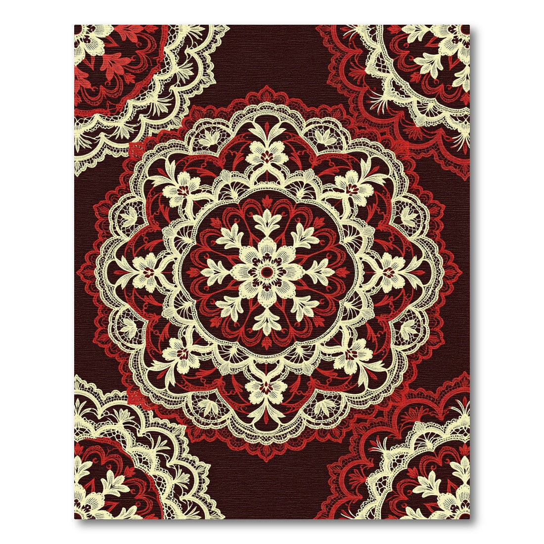 Crimson Ivory Floral Mandala Lace Rug