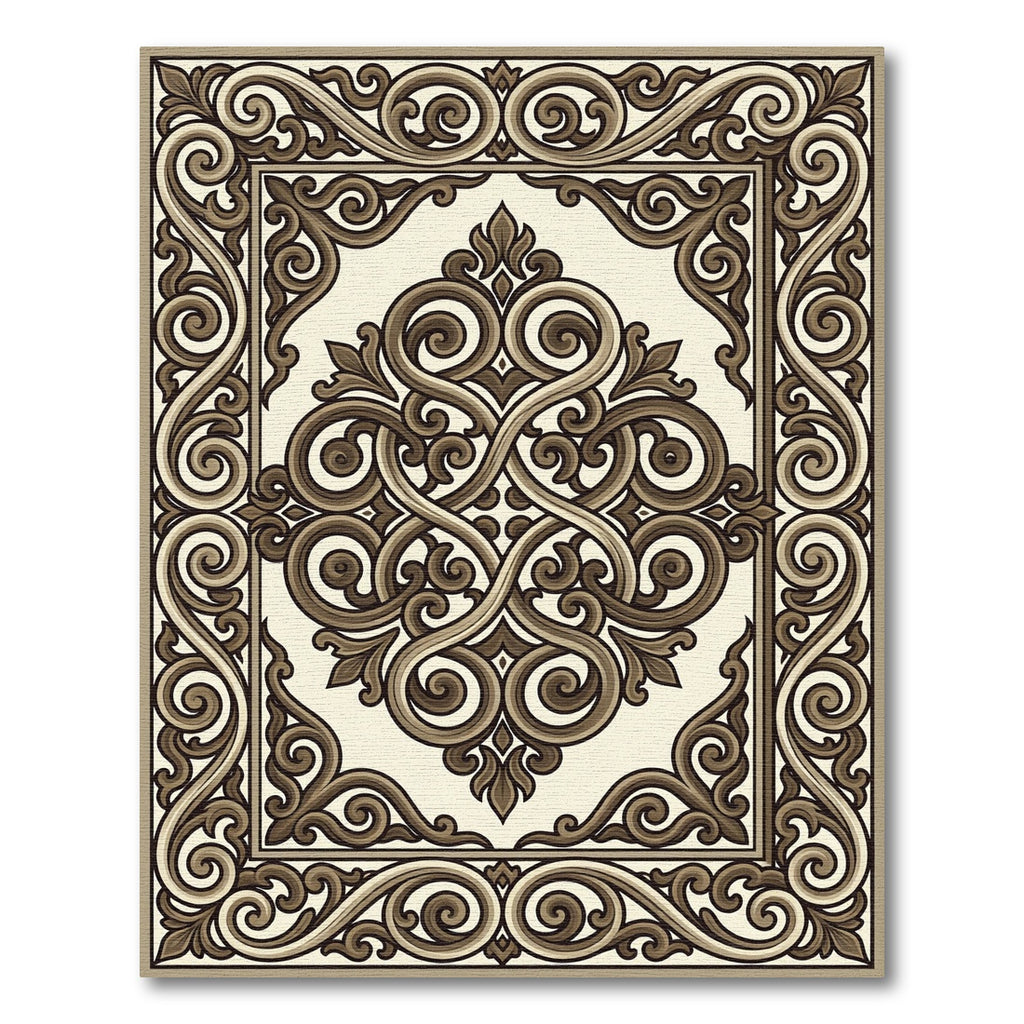 Elegant Brown Scrollwork Medallion Border Rug