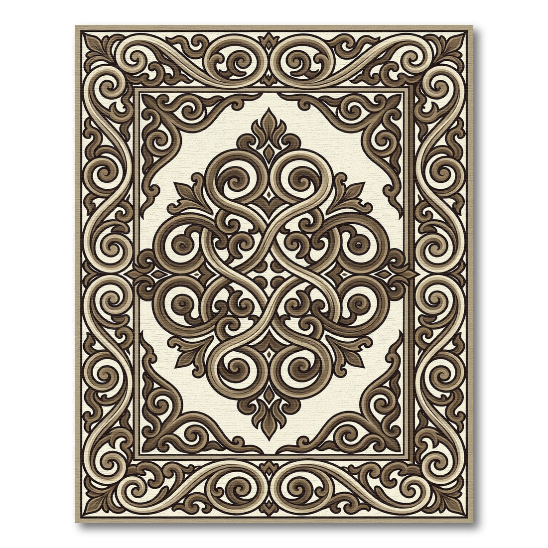 Elegant Brown Scrollwork Medallion Border Rug