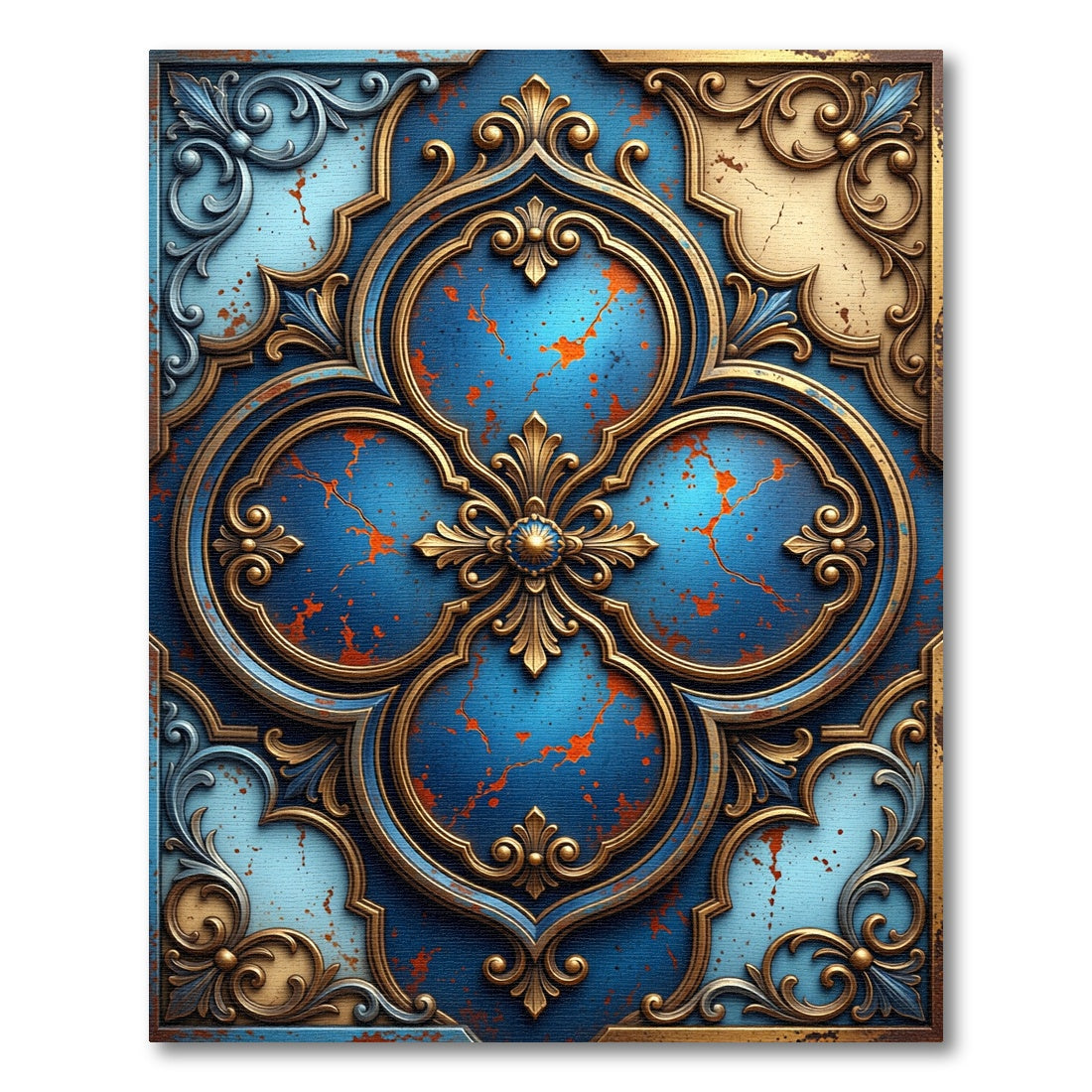 Ornate Cobalt Gold Scrollwork Rug