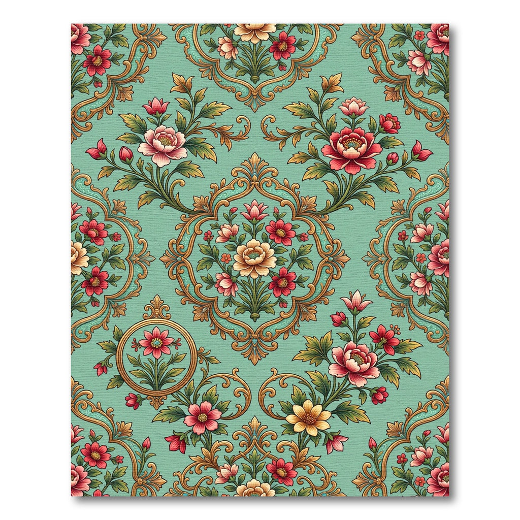 Sage Floral Embroidered Rococo Medallion Rug