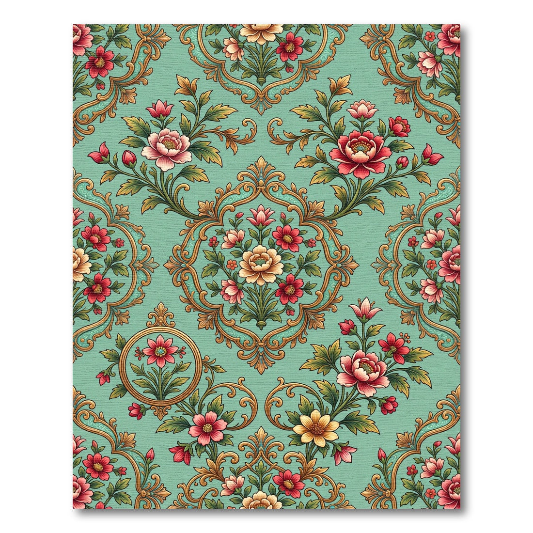 Sage Floral Embroidered Rococo Medallion Rug