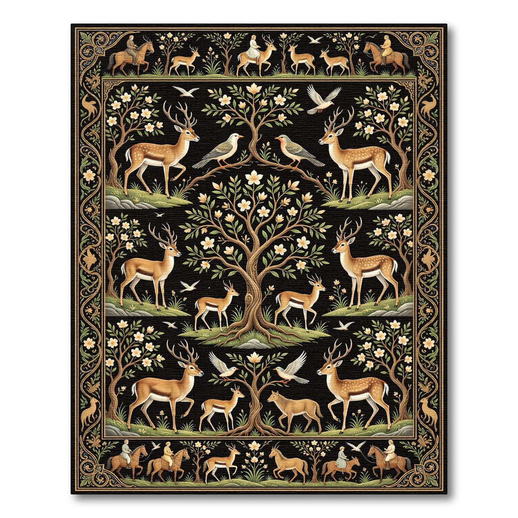 Enchanted Forest Deer Black Tapestry Rug