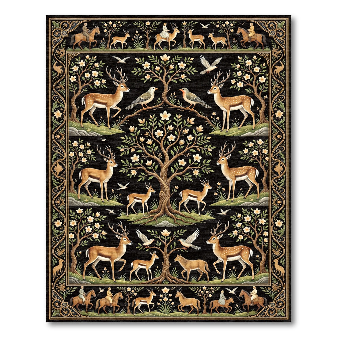 Enchanted Forest Deer Black Tapestry Rug
