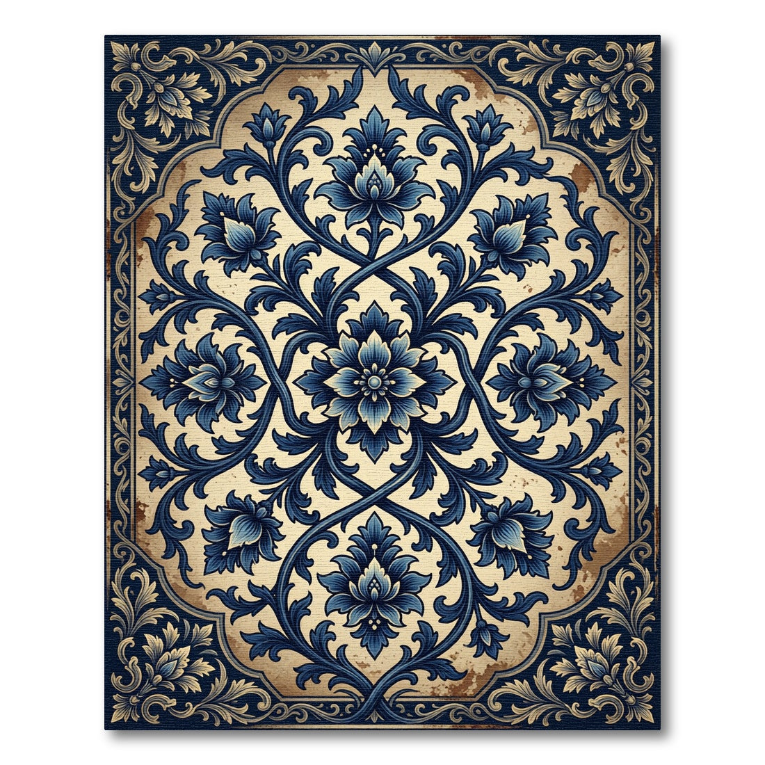Elegant Navy Floral Damask Scroll Rug