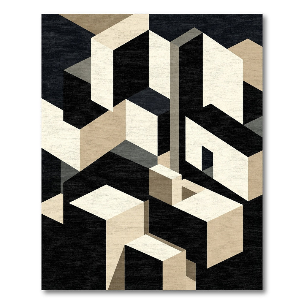 Minimalist Beige and Black Geometric Cubist Rug