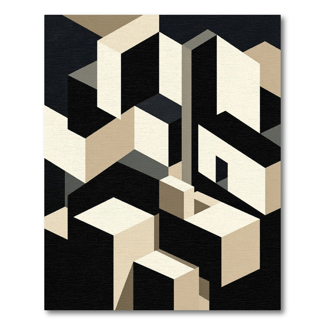 Minimalist Beige and Black Geometric Cubist Rug