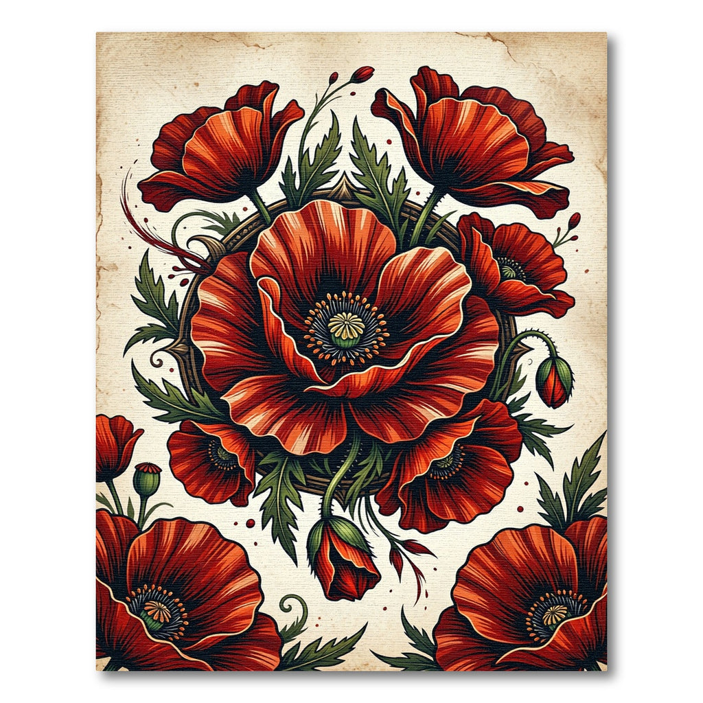 Vibrant Scarlet Poppy Floral Garland Rug